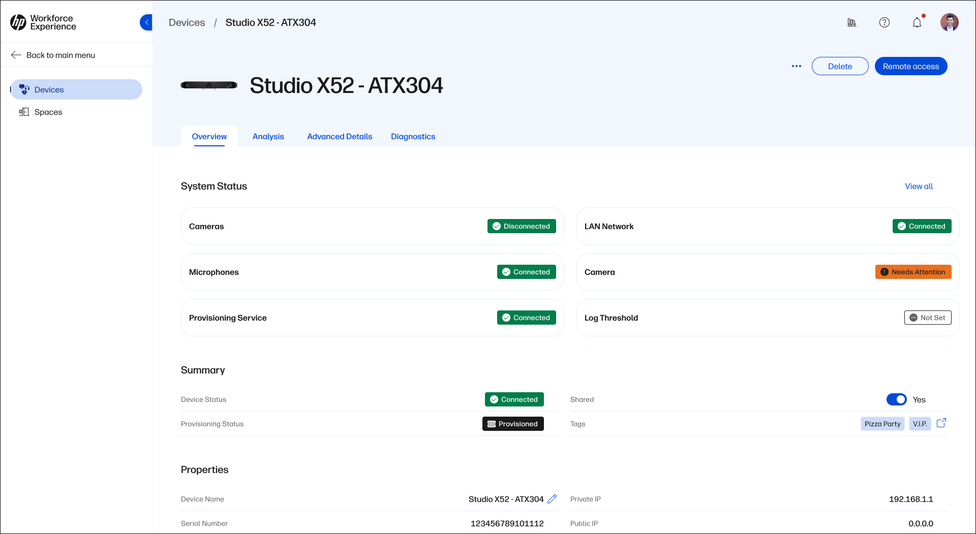 Overview page for a Studio X52 device