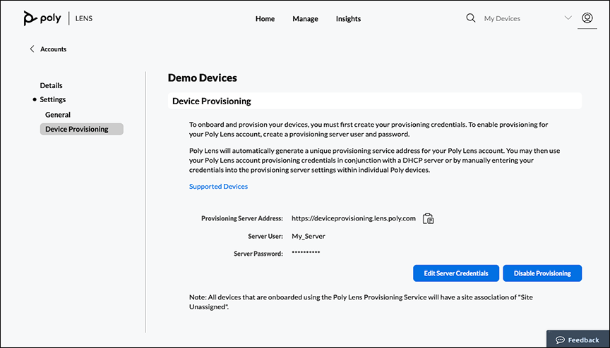 Poly Lens Accounts Settings Device Provisioning page