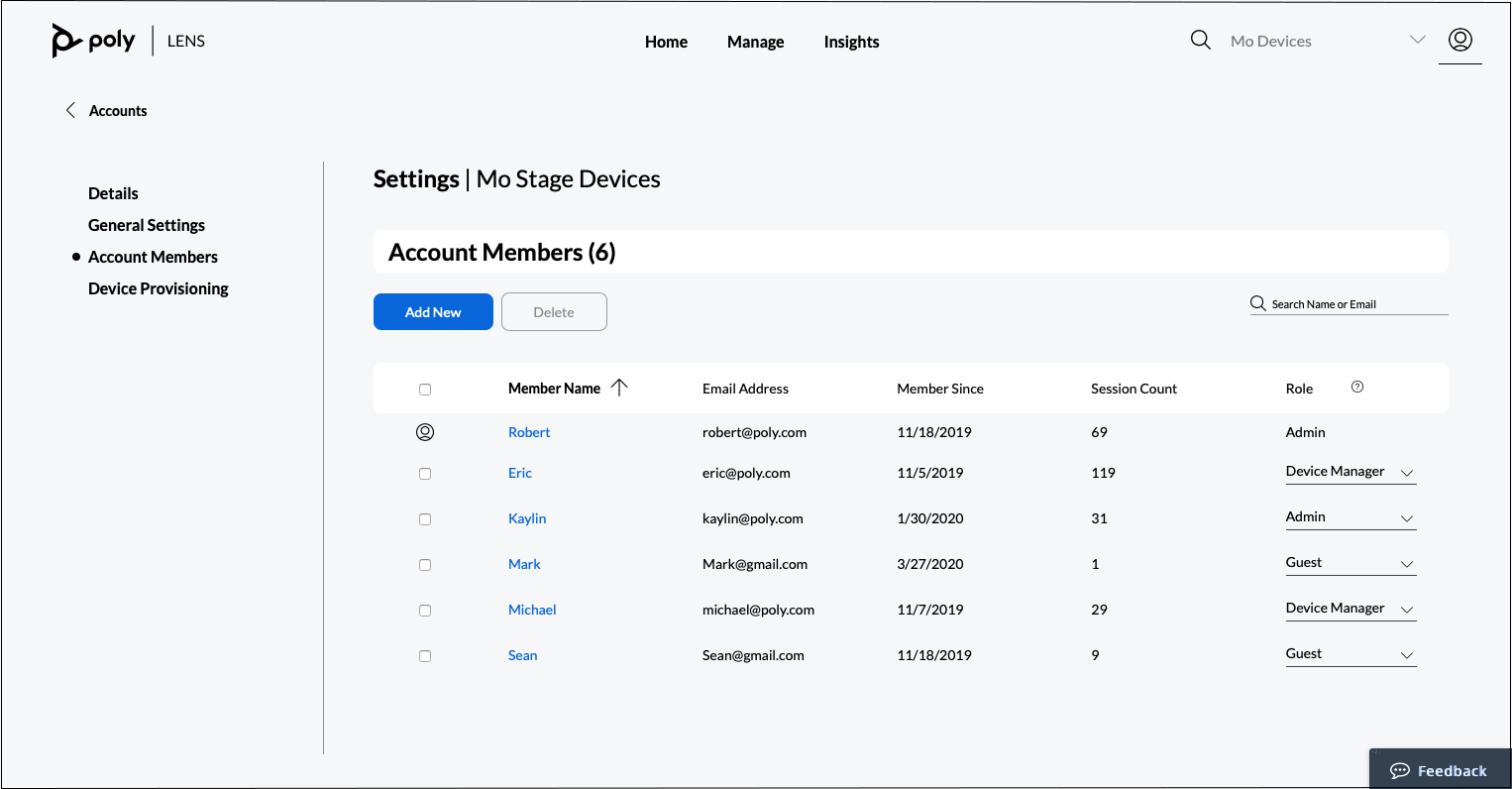 Poly Lens Account Members page