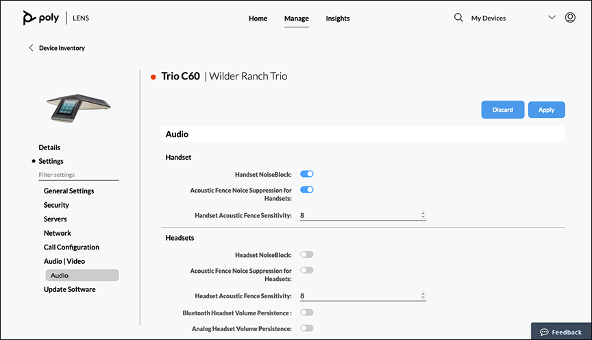 Poly Lens Device Settings Audio page for a Trio