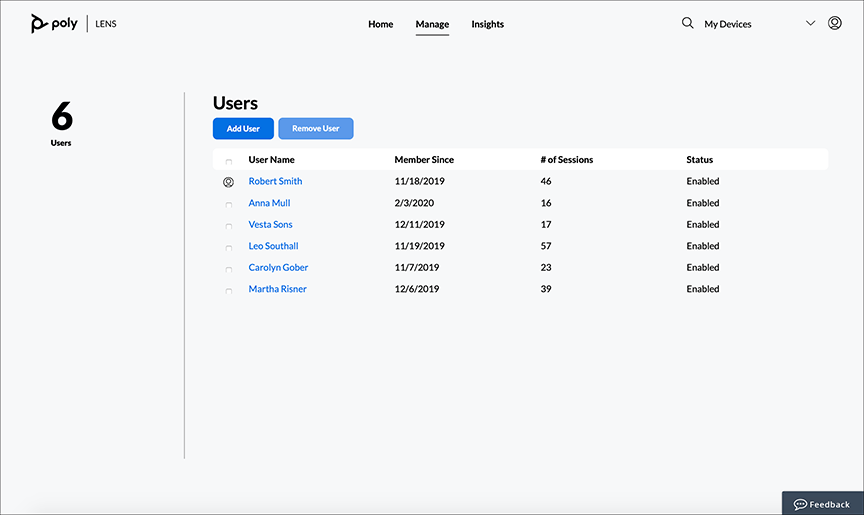 Poly Lens Manage - Users page