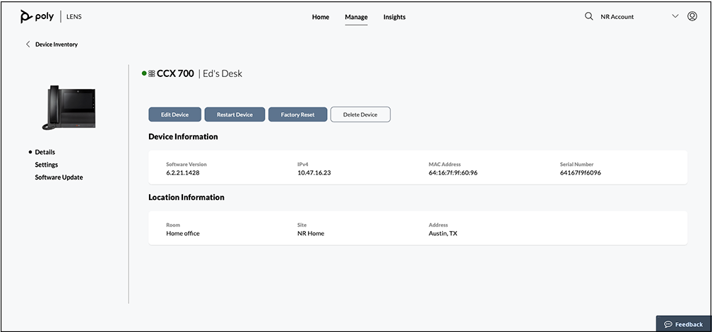 CCX 700 Device Information page